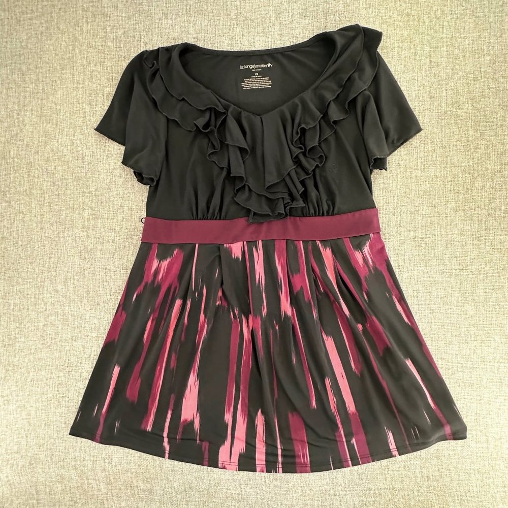 Liz Lange Maternity Baby Top XS Stretch Ruffled Maroon & Black
